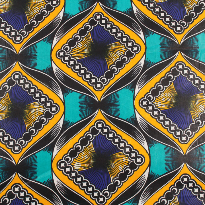 Tissu coton Wax africain imprimé géométrique bleu turquoise, jaune, blanc et noir – Vendu au mètre
