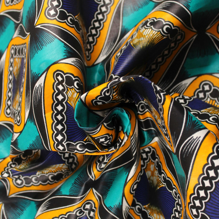Tissu coton Wax africain imprimé géométrique bleu turquoise, jaune, blanc et noir – Vendu au mètre