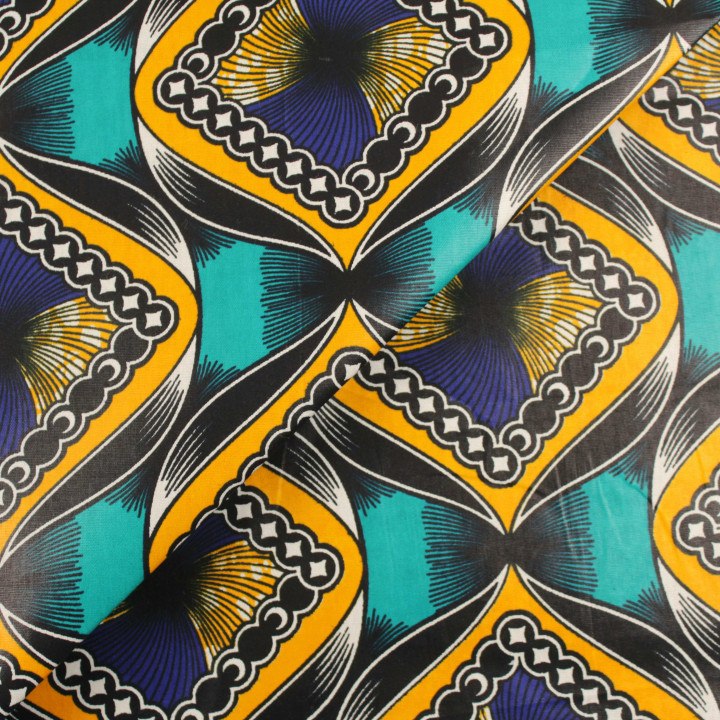 Tissu coton Wax africain imprimé géométrique bleu turquoise, jaune, blanc et noir – Vendu au mètre