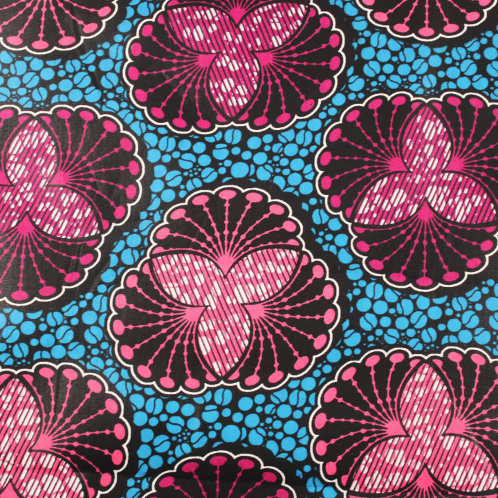 Tissu coton Wax africain imprimé géométrique floral noir, bleu et rose – Vendu au mètre