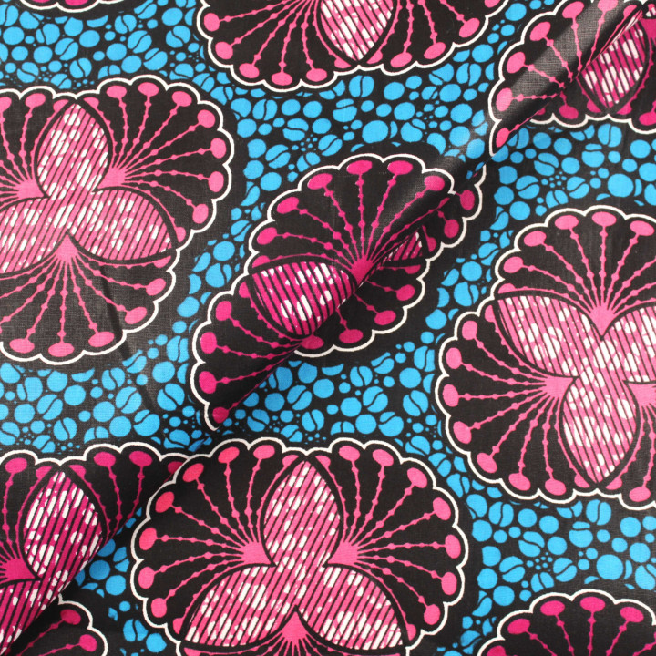 Tissu coton Wax africain imprimé géométrique floral noir, bleu et rose – Vendu au mètre