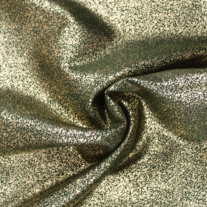 Tissu Satin Lamé Vert Foncé Moucheté Doré – Brillant, Fluide et Scintillant