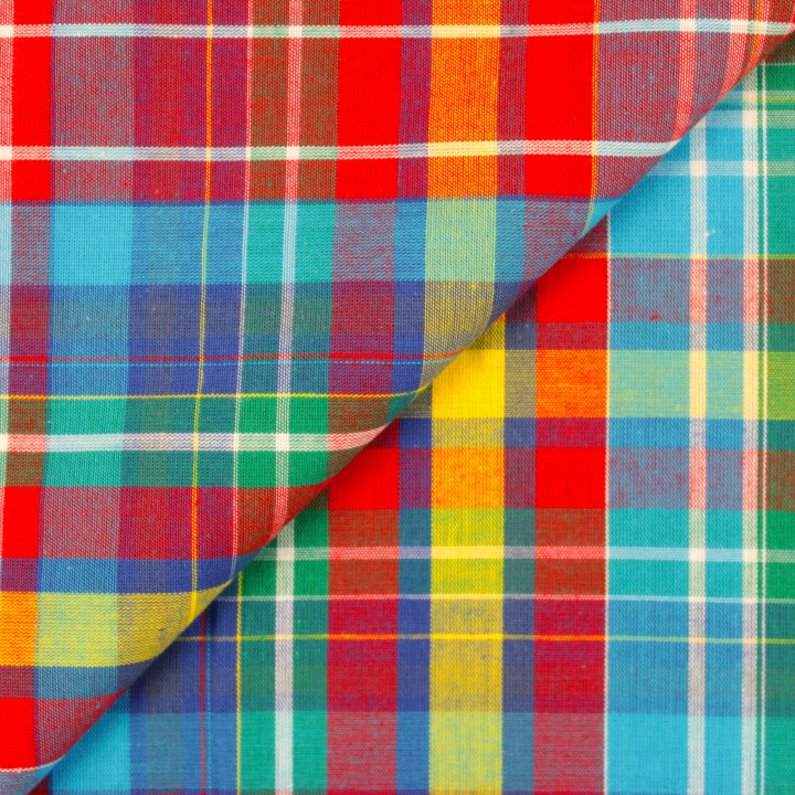 Coupon Tissu Madras Authentique Rouge, Bleu, Vert, Jaune et blanc