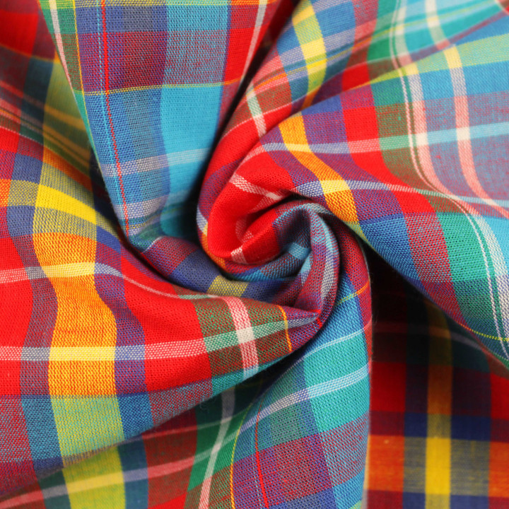 Coupon Tissu Madras Authentique Rouge, Bleu, Vert, Jaune et blanc
