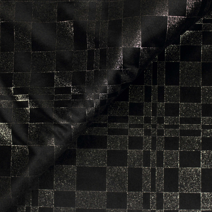 Tissu Velours Noir Étincelant - Motif Quadrillage Argenté Scintillant