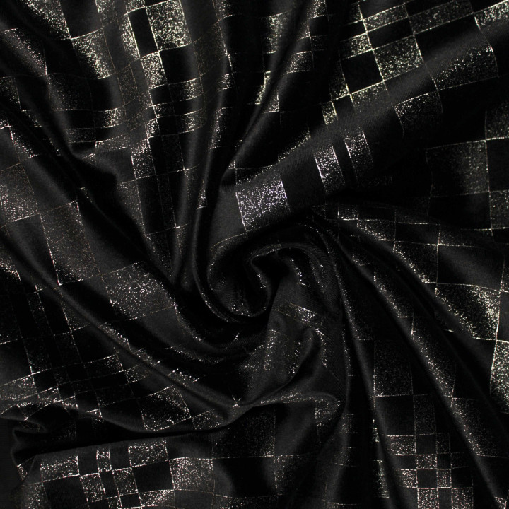 Tissu Velours Noir Étincelant - Motif Quadrillage Argenté Scintillant