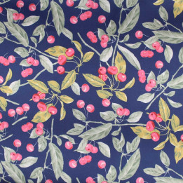 Tissu Coupon Polyester Fleuri Cerises Marine