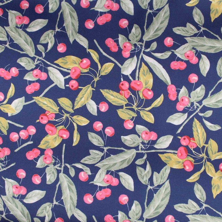 Tissu Coupon Polyester Fleuri Cerises Marine