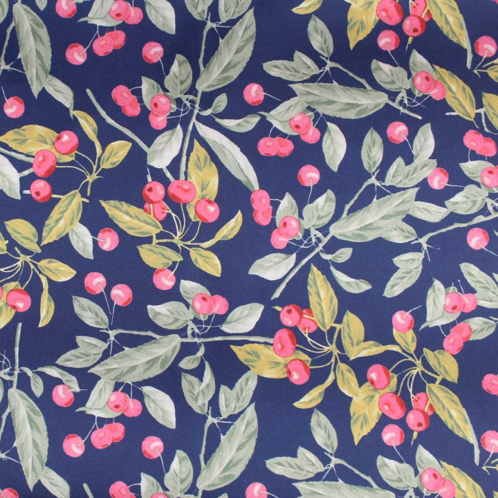 Tissu Coupon Polyester Fleuri Cerises Marine