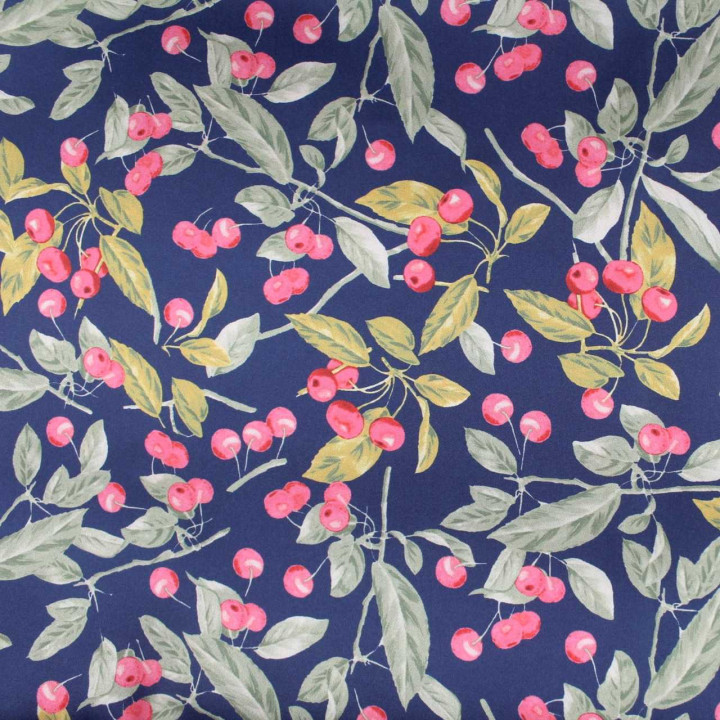 Tissu Coupon Polyester Fleuri Cerises Marine