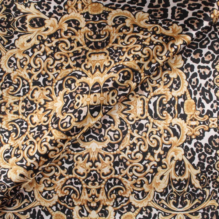Tissu Coupon Polyester Léopard Baroque Doré