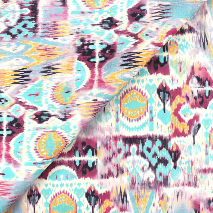 Tissu Coupon Polyester Géométrique Ikat Turquoise