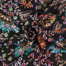 Tissu Coupon Polyester Fleuri Multicolore Noir