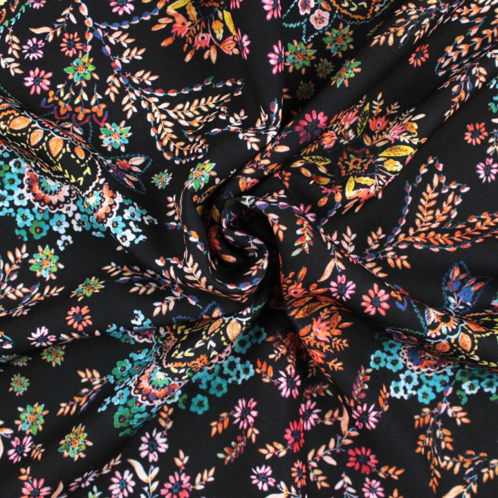 Tissu Coupon Polyester Fleuri Multicolore Noir
