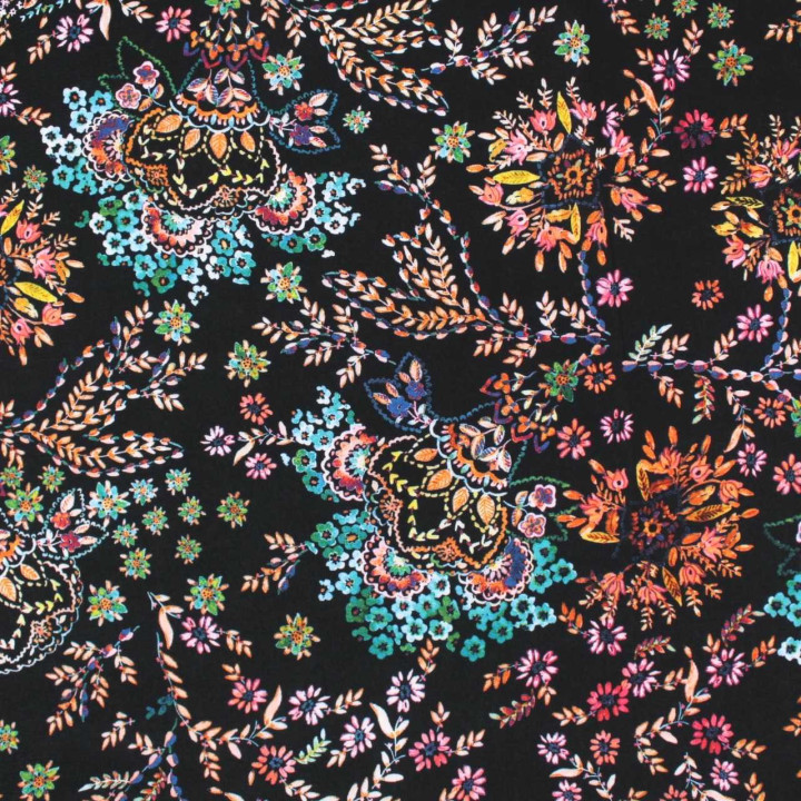 Tissu Coupon Polyester Fleuri Multicolore Noir