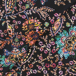 Tissu Coupon Polyester Fleuri Multicolore Noir | Moline