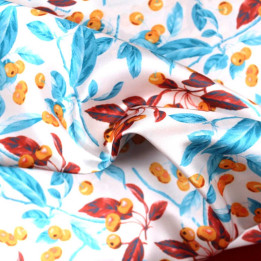Tissu Coupon Polyester Fleuri Cerises Corail
