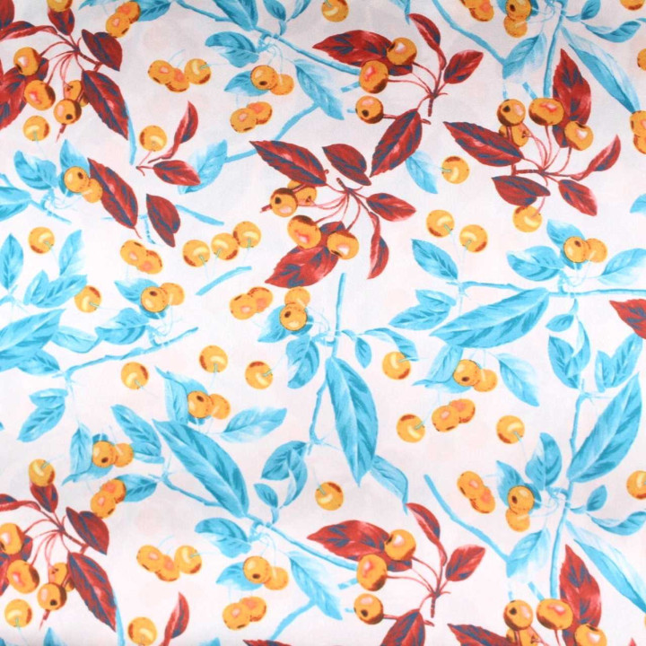 Tissu Coupon Polyester Fleuri Cerises Corail
