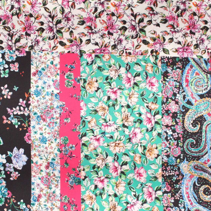 Tissu Coupon Polyester Patchwork Floral Noir Rigide