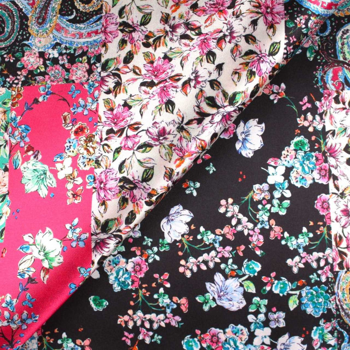 Tissu Coupon Polyester Patchwork Floral Noir Rigide