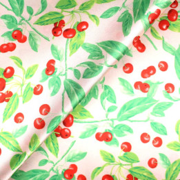 Tissu Coupon Polyester Fleuri Cerises Rouges