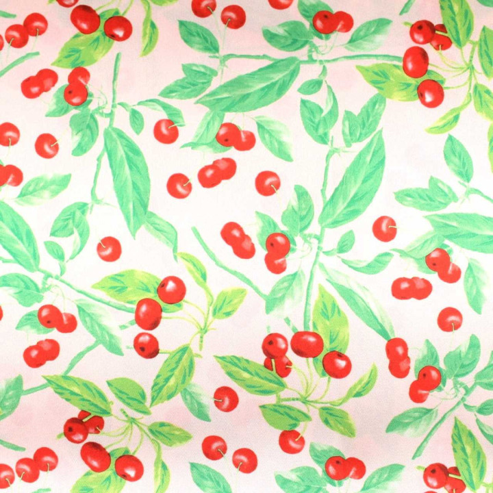 Tissu Coupon Polyester Fleuri Cerises Rouges
