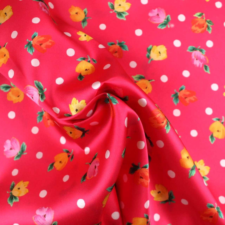 Tissu Coupon Polyester Fleuri Pois Fuchsia