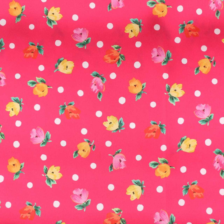 Tissu Coupon Polyester Fleuri Pois Fuchsia
