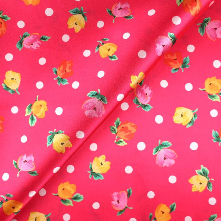 Tissu Coupon Polyester Fleuri Pois Fuchsia