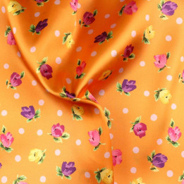 Tissu Coupon Polyester Fleuri Orange Pois Blanc