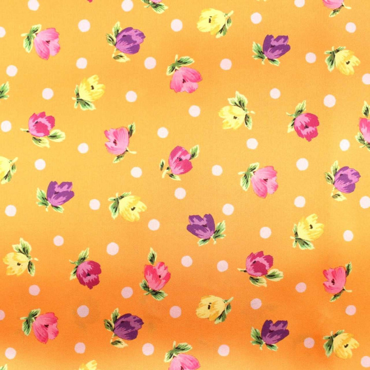 Tissu Coupon Polyester Fleuri Orange Pois Blanc