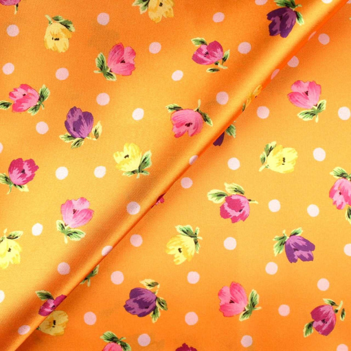 Tissu Coupon Polyester Fleuri Orange Pois Blanc