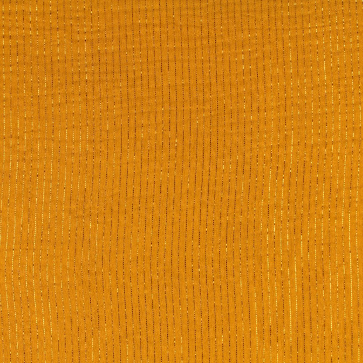 Tissu coton double gaze de couleur moutarde avec rayures or