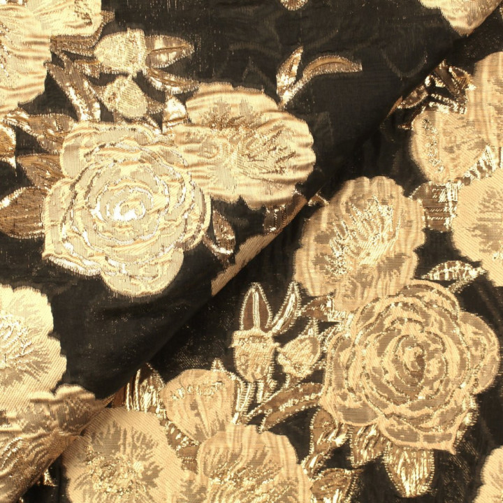 Tissu Brocart noir à Motif Floral Doré