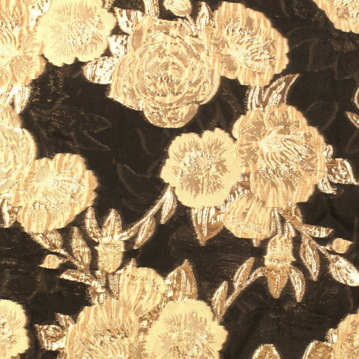 Tissu Brocart noir à Motif Floral Doré
