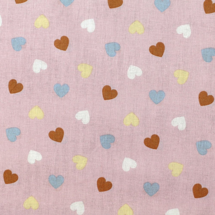 Tissu coton rose imprimé cœurs - Idéal pour habillement et couture au mètre