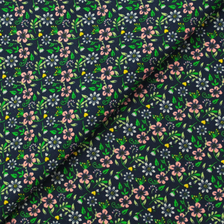 Tissu en Coton Bleu Foncé avec Imprimé de Petites Fleurs Roses et Bleu Clair