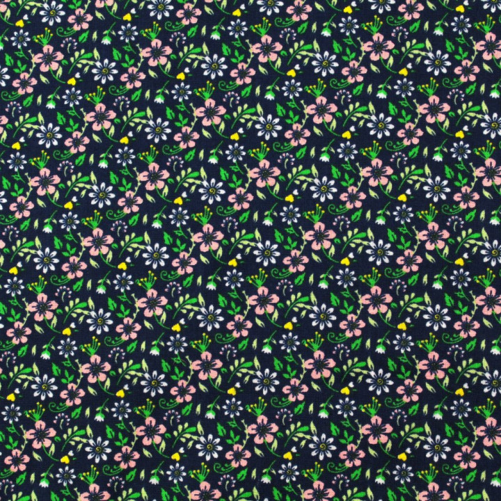 Tissu en Coton Bleu Foncé avec Imprimé de Petites Fleurs Roses et Bleu Clair