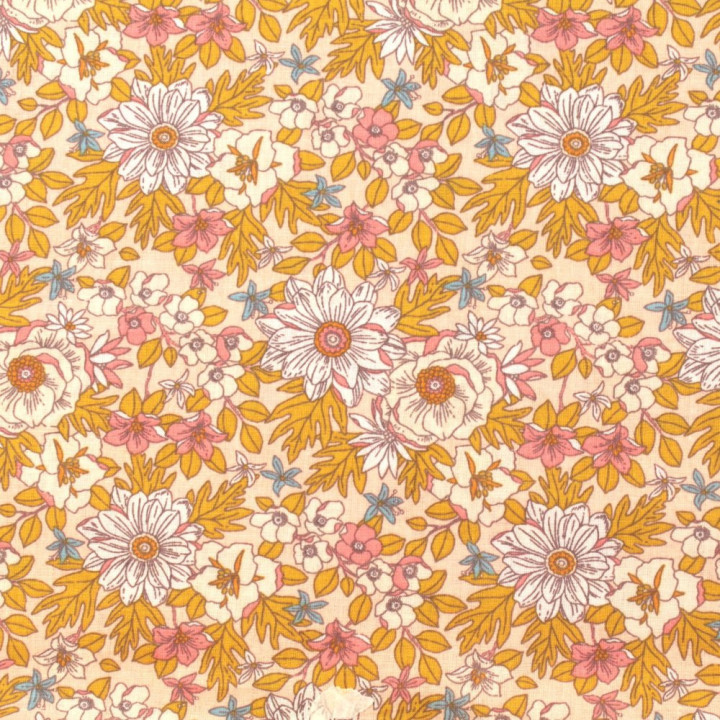 Tissu Coton Rose : Motifs de Fleurs Rose, Blanc et Bleu Clair