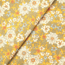 Tissu en Coton Vert : Décoré de Fleurs Blanches, Orange et | Moline