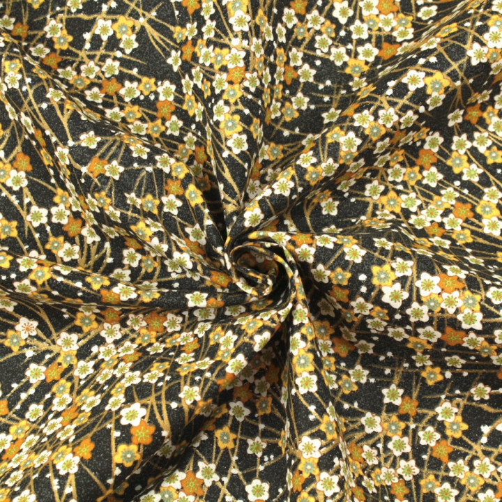 Tissu en Coton Noir avec Motifs Floraux Jaune, Orange, Blanc et Doré