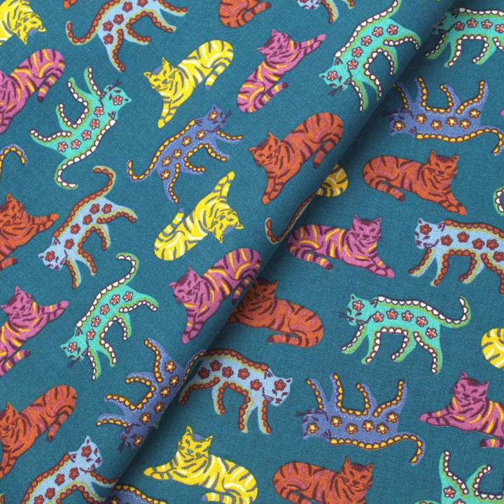 Tissu en Coton Bleu Roi avec Motifs de Chats Multicolores