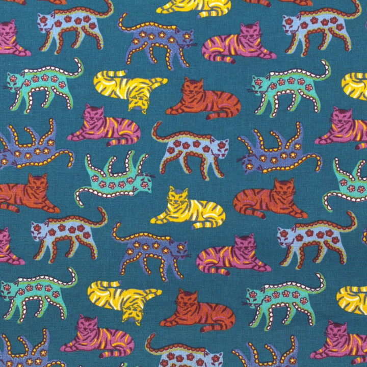 Tissu en Coton Bleu Roi avec Motifs de Chats Multicolores