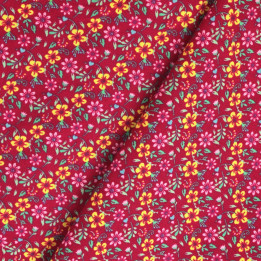Tissu en Coton Bordeaux avec Motifs Floraux Jaune et Rose | Moline