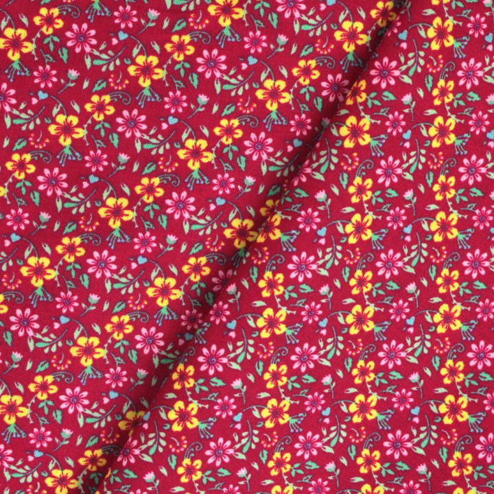 Tissu en Coton Bordeaux avec Motifs Floraux Jaune et Rose
