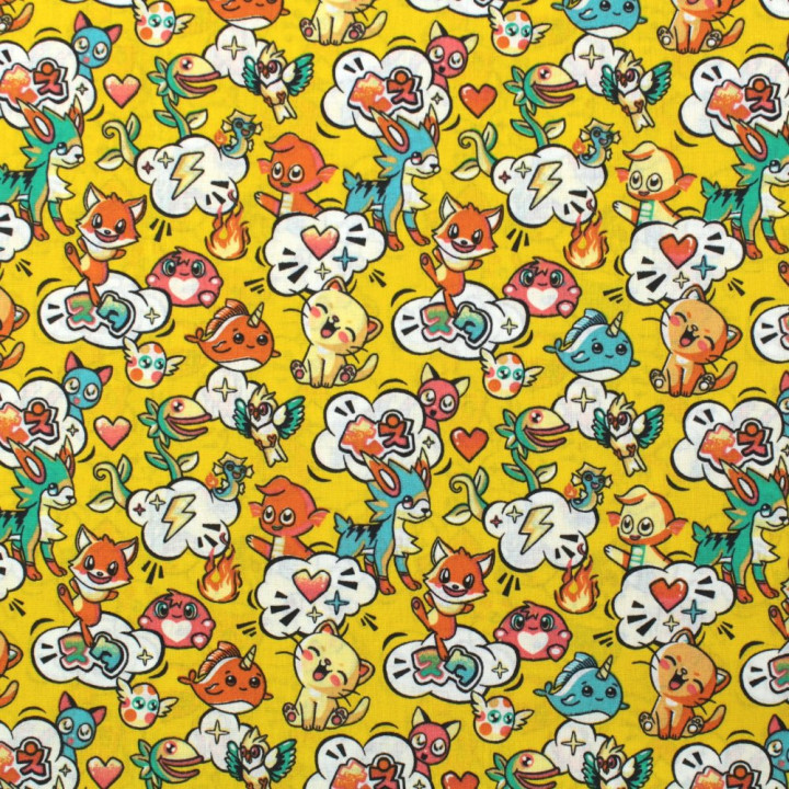 Tissu en coton jaune à motifs animaux manga mulitcolore - Idéal pour créations ludiques et originales