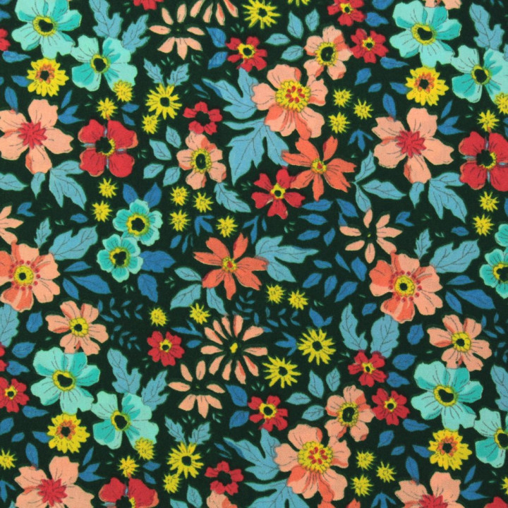 Tissu polyester vert foncé à imprimé floral multicolore