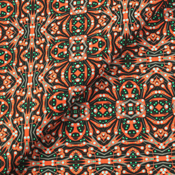 Tissu coton noir imprimé géométrique orange
