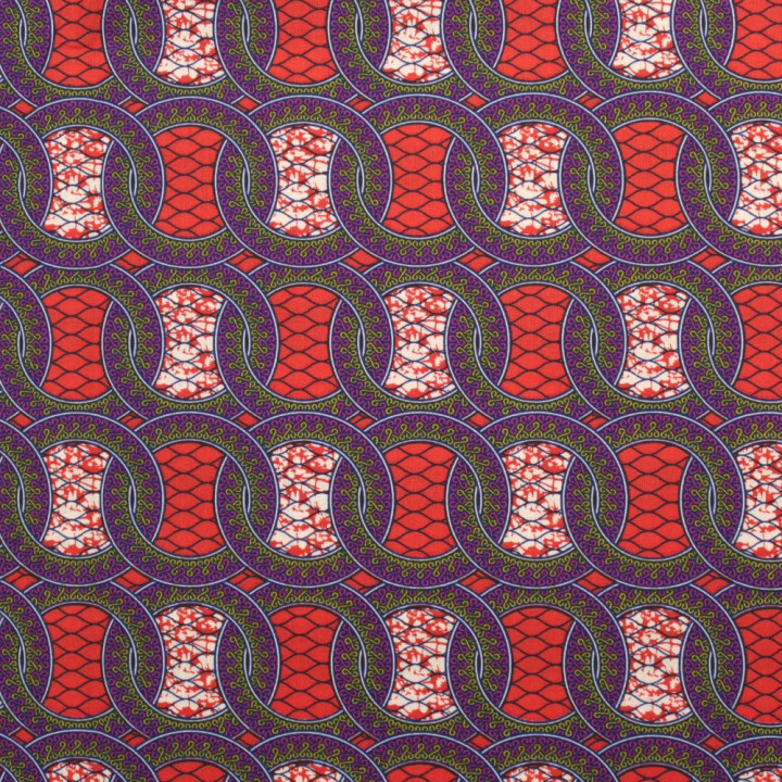 Tissu Coton Rouge - Motif Géométrique Cercles Imbriqués Violet et Vert