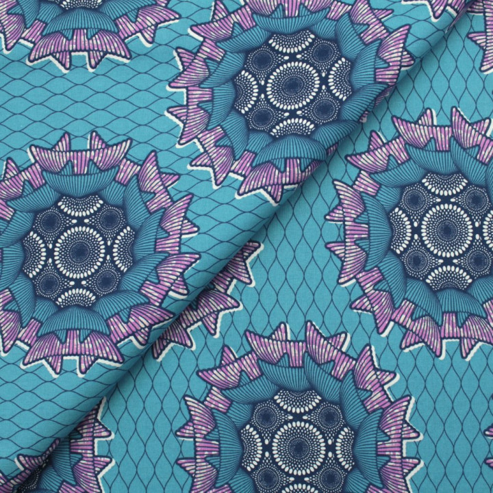 Tissu Coton Bleu Ciel - Motif Géométrique Violet et Bleu Nuit - Idéal pour Couture et Décoration